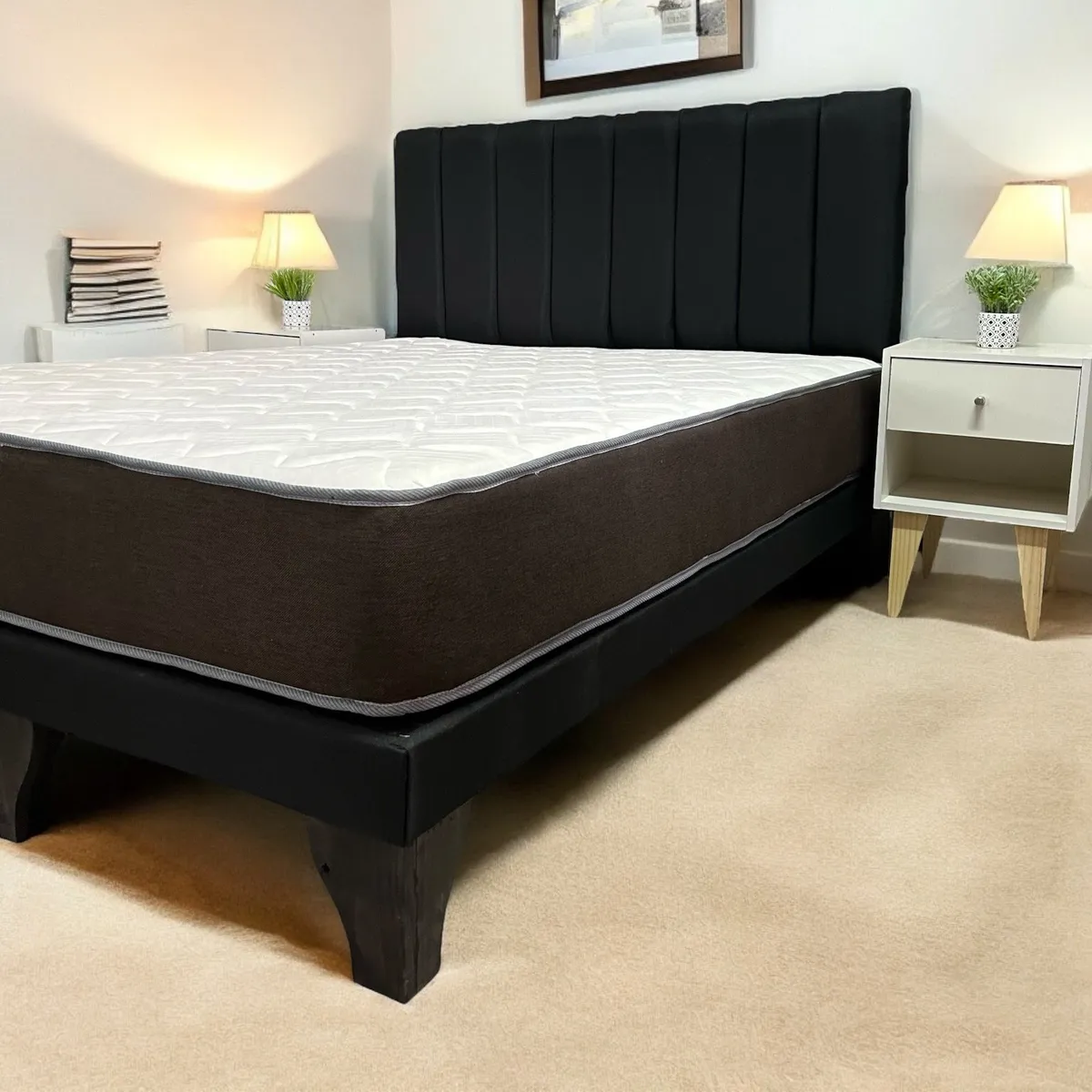 FLOBAL - Cama Europea 2 Plazas Base Dividida + Respaldo Franjas Negro
