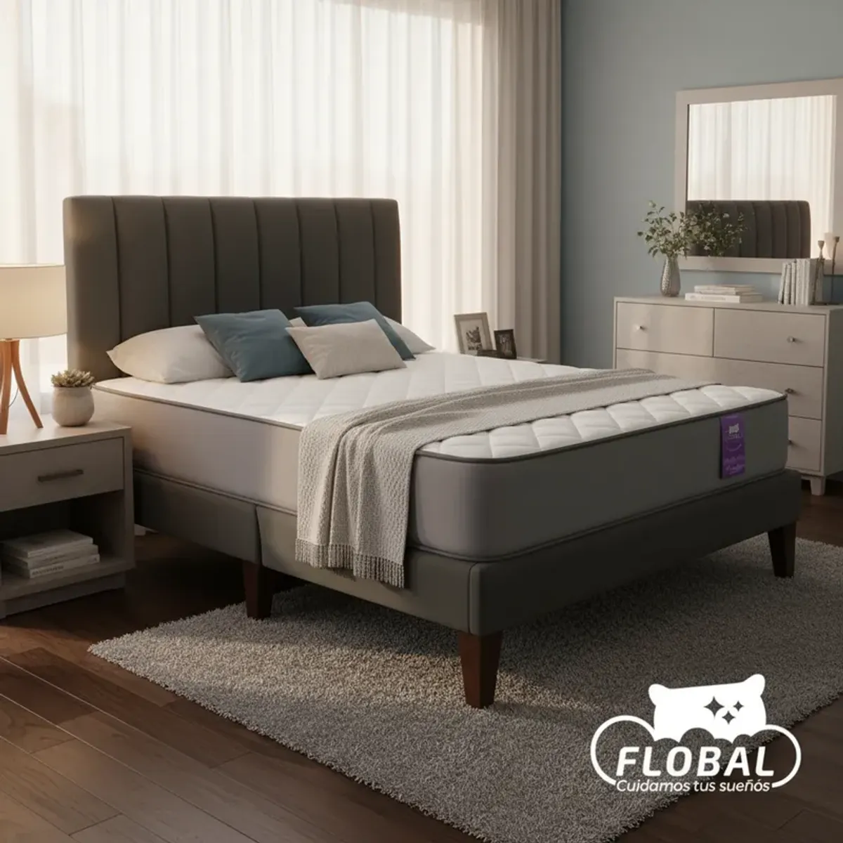 FLOBAL - Cama Europea 2 Plazas Base Dividida + Respaldo Franjas Negro + colchón