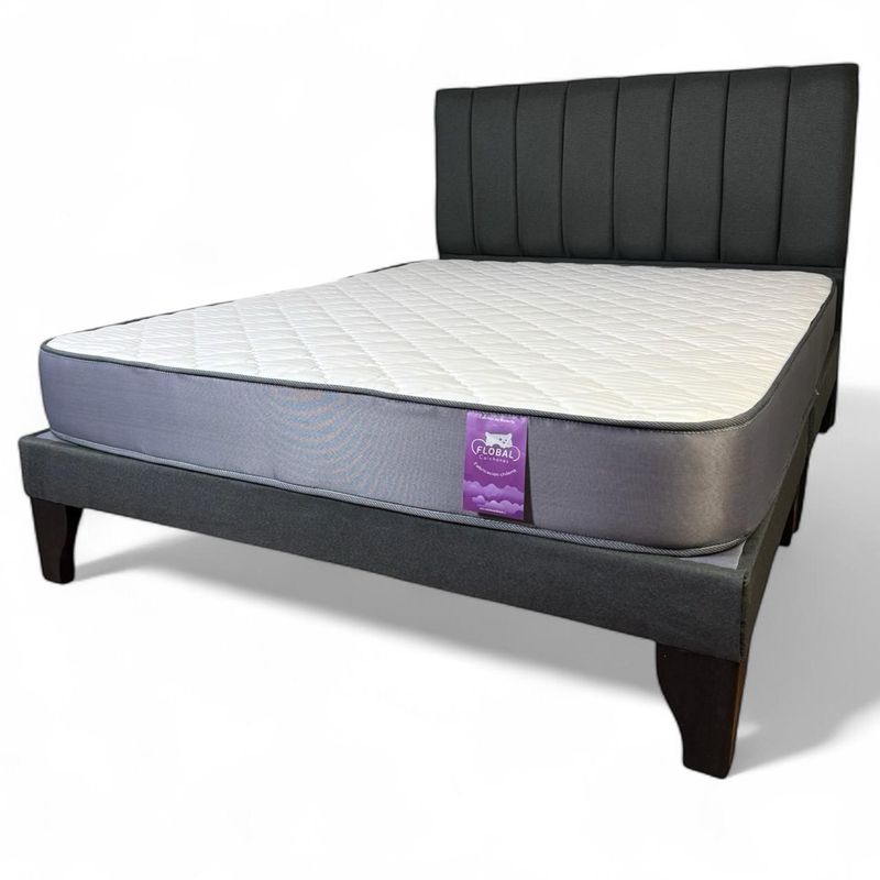 FLOBAL - Cama Europea 2 Plazas Base Dividida + Respaldo Franjas Negro + colchón