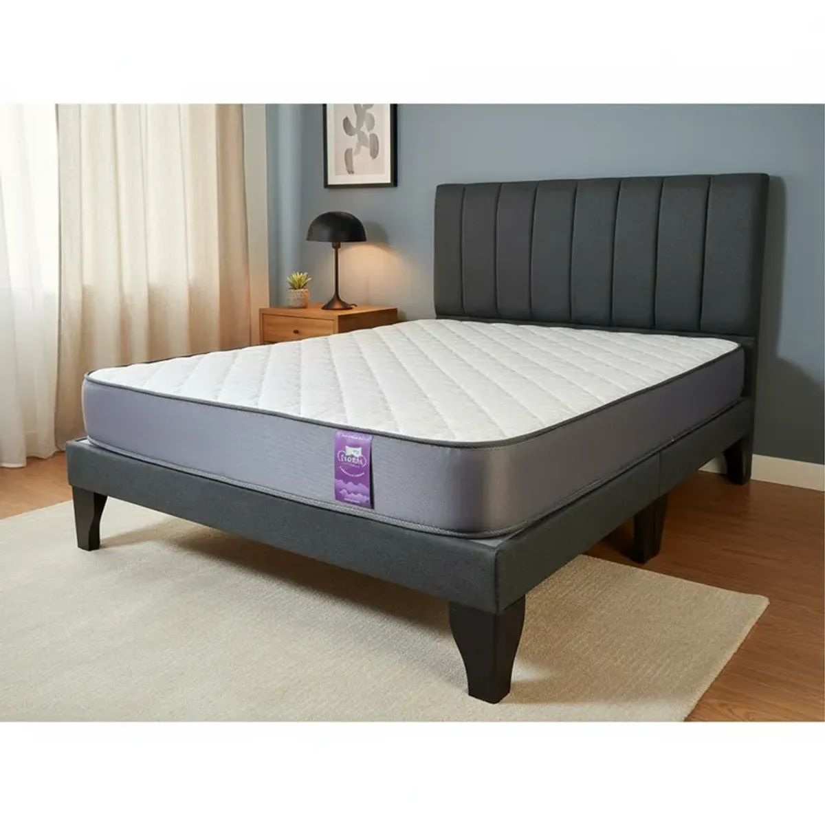 FLOBAL - Cama Europea 2 Plazas Base Dividida + Respaldo Franjas Negro + colchón