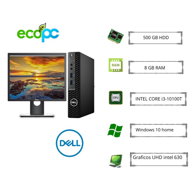 DELL - MicroPC Optiplex 3080M i3- 10100T/ 8GB/ 500 GB SSD / Monitor DELL 1917S