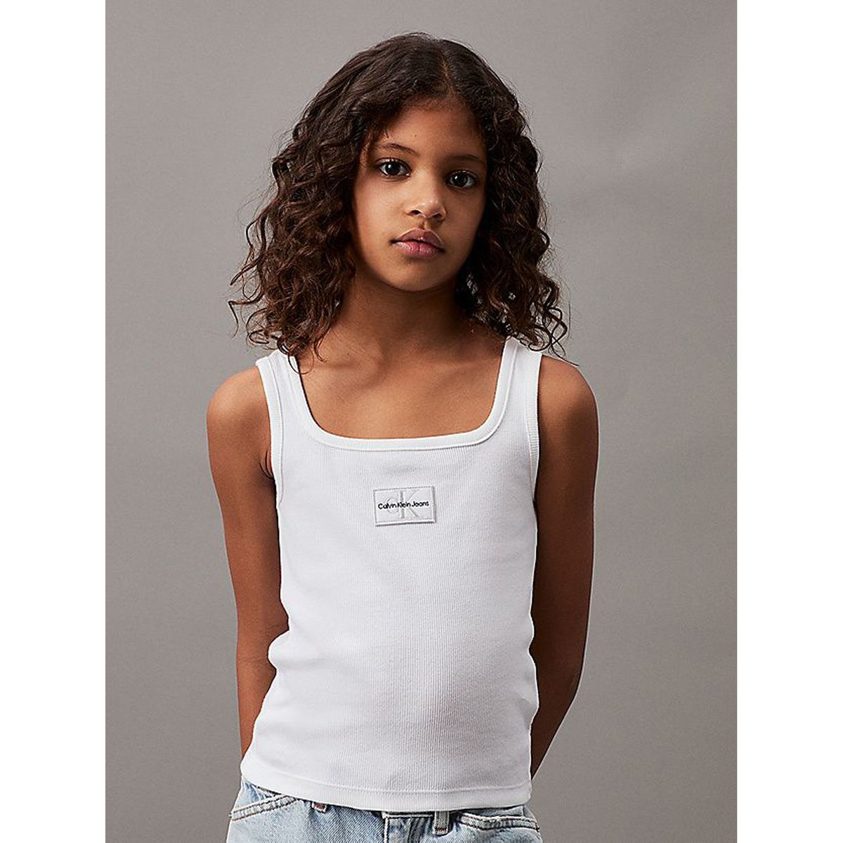 CALVIN KLEIN - Polera Niña Rib Badge Square Blanco Calvin Klein