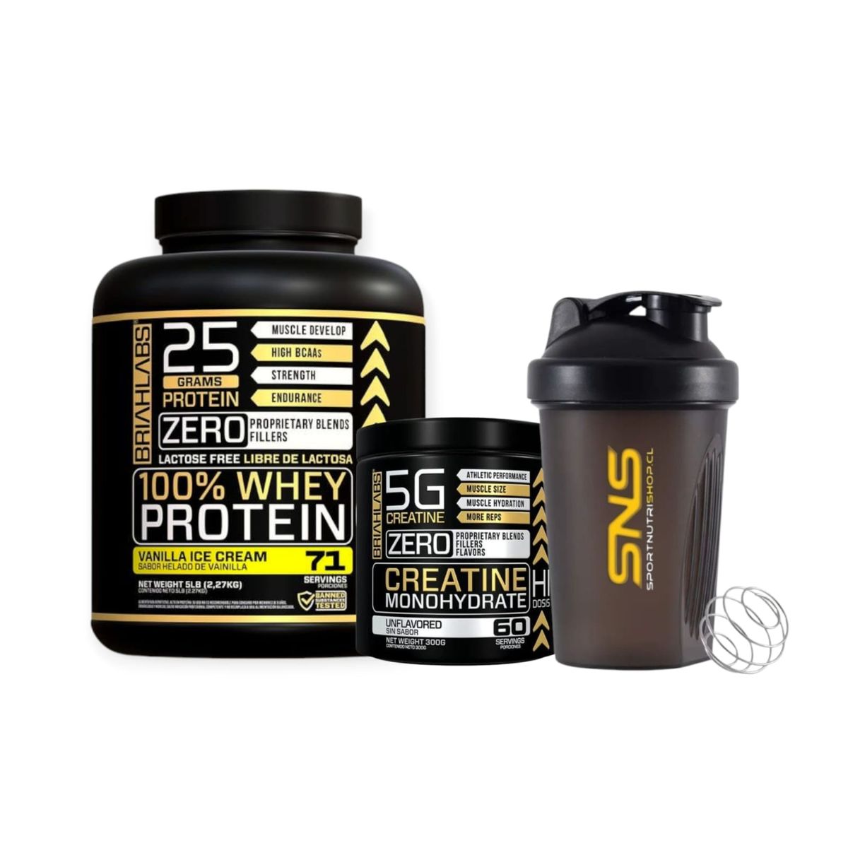 BRIAHLABS - PACK PROTEINA 100% 5LBS VAINILLA + CREATINA 300GR + SHAKER - BRIAHLABS