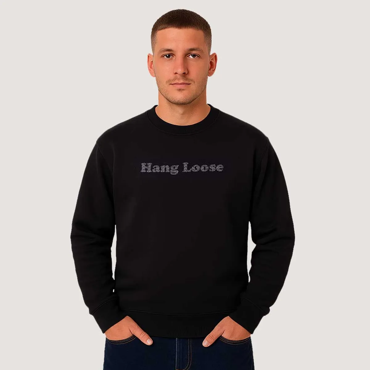 HANG LOOSE - Poleron Hombre Crew Neck Salty Negro Hang Loose