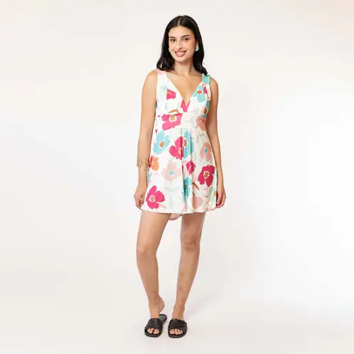 NATALIA SEGUEL - Enterito Celeste Corto Blanco Flores