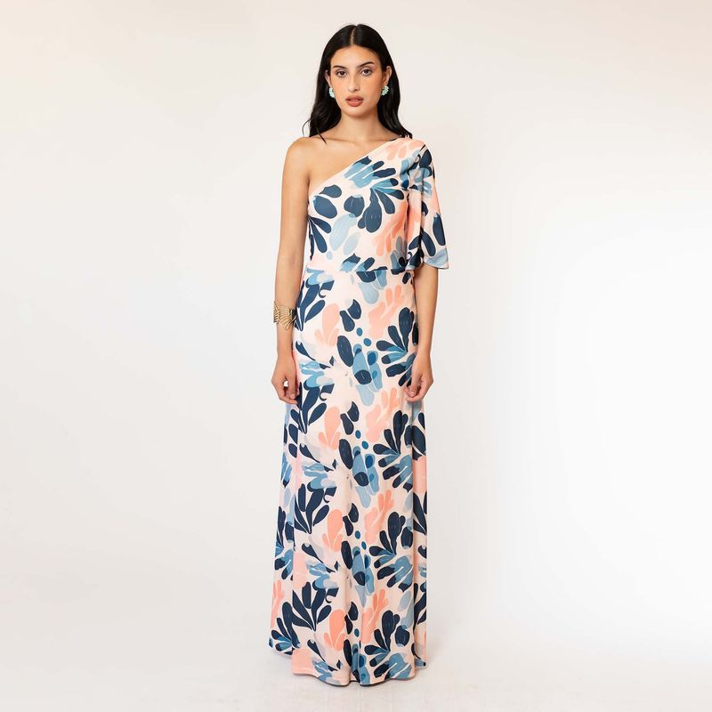 NATALIA SEGUEL - Vestido Ema Damasco Hojas Azul Natalia Seguel