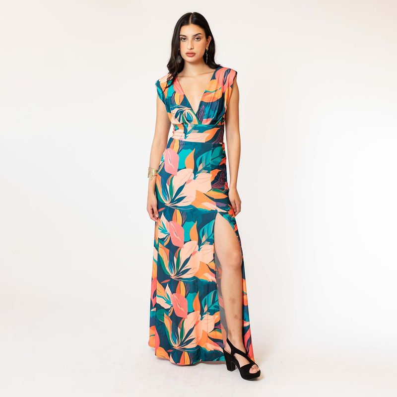 NATALIA SEGUEL - Vestido Camile Celeste Naranjo Hojas Natalia Seguel