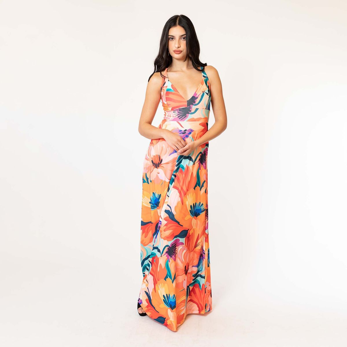 NATALIA SEGUEL - Vestido Sara Flores Naranjo Acuarela Natalia Seguel