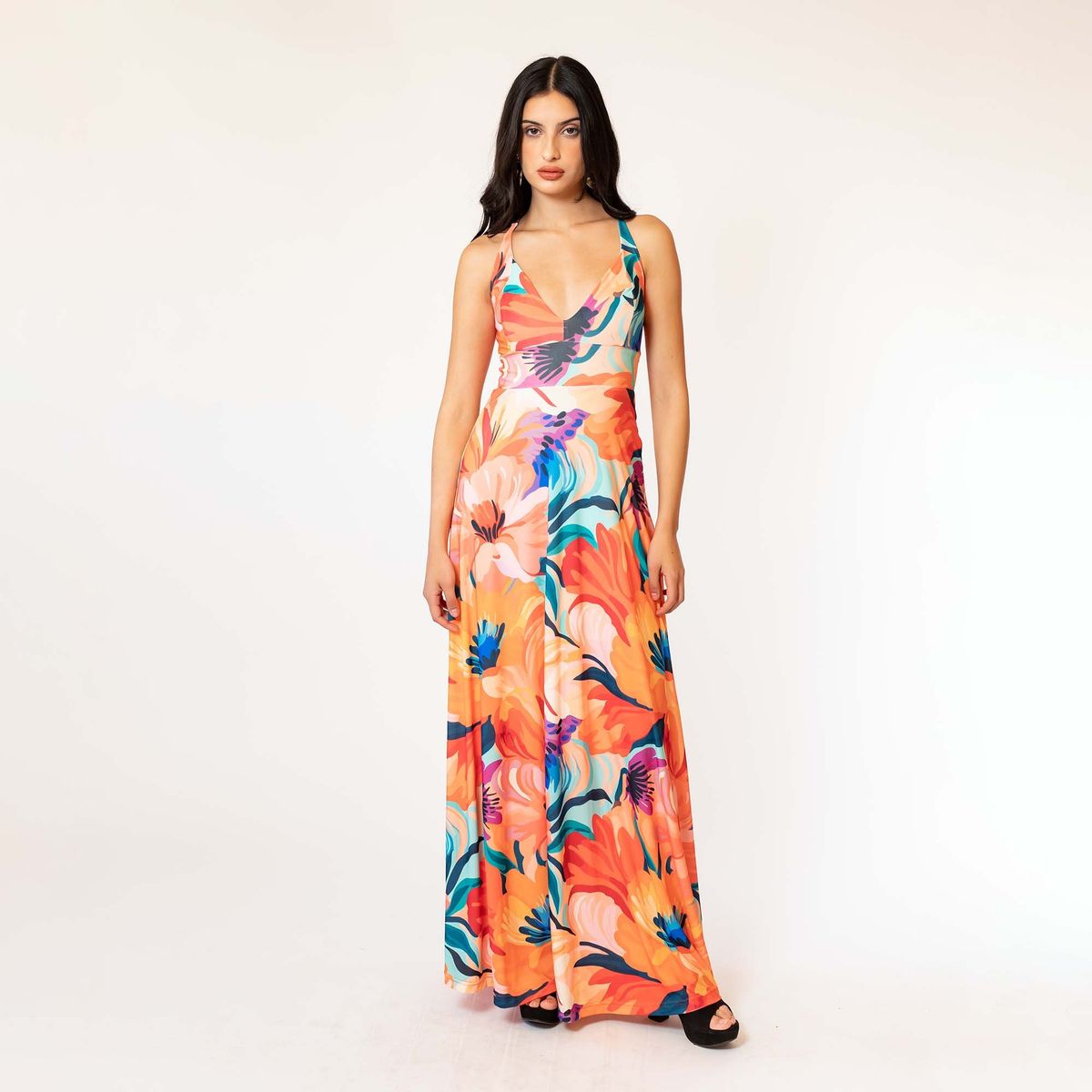 NATALIA SEGUEL - Vestido Sara Flores Naranjo Acuarela Natalia Seguel