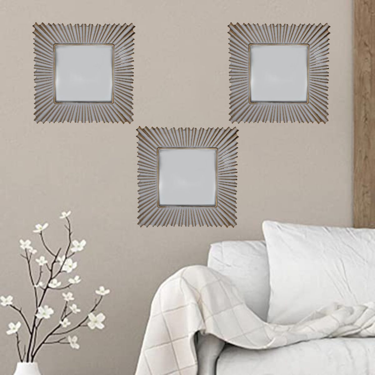 GENERICO - Set 3 Marcos De Espejos Cuadrados Blancos Lineas Doradas