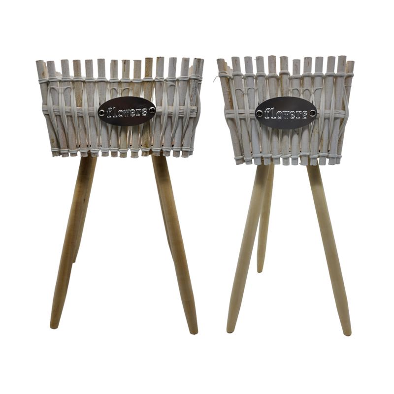 GENERICO - Set 2 Macetero Pedestal Madera Rustico Porta Macetero Blanco.