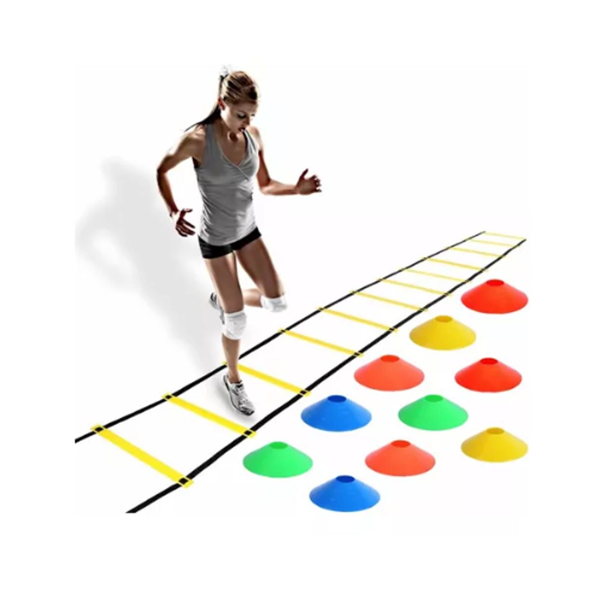 GENERICO - Set 10 Conos Lenteja + Escalera Coordinación 8 Peldaños