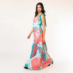 NATALIA SEGUEL - Vestido Meche Turquesa Hojas Fucsia