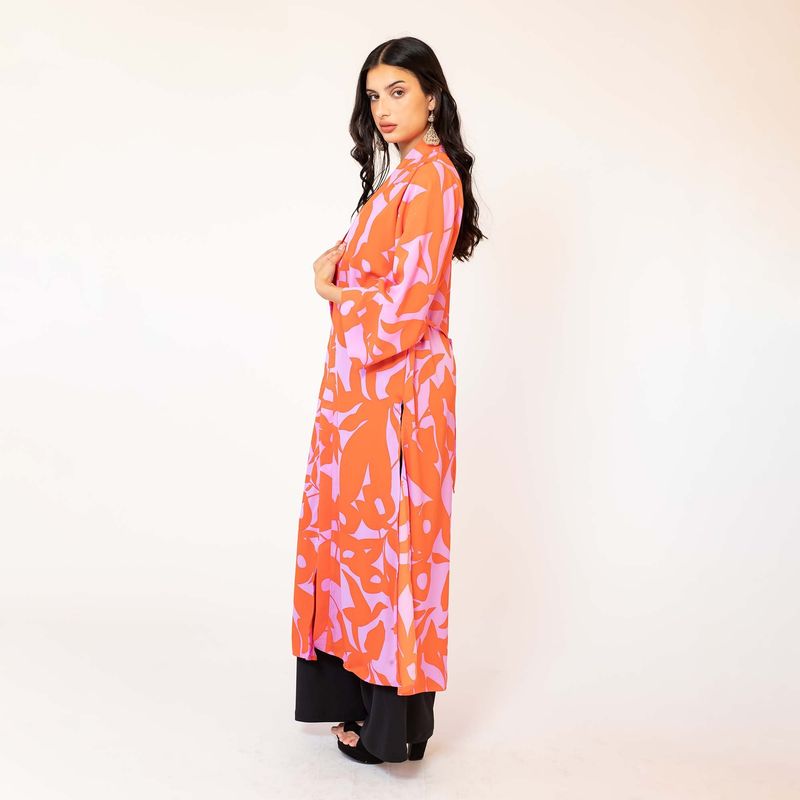 NATALIA SEGUEL - Kimono Largo Fucsia Hojas Naranjo Natalia Seguel