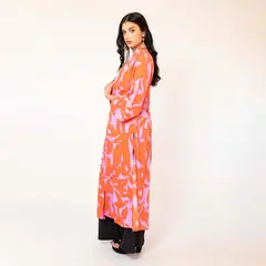 NATALIA SEGUEL - Kimono Largo Fucsia Hojas Naranjo