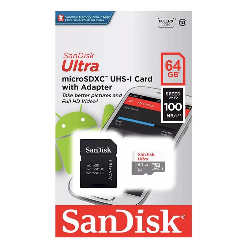 SANDISK - Tarjeta de Memoria MicroSDXC SanDisk 64GB Ultra UHS-I Clase 10