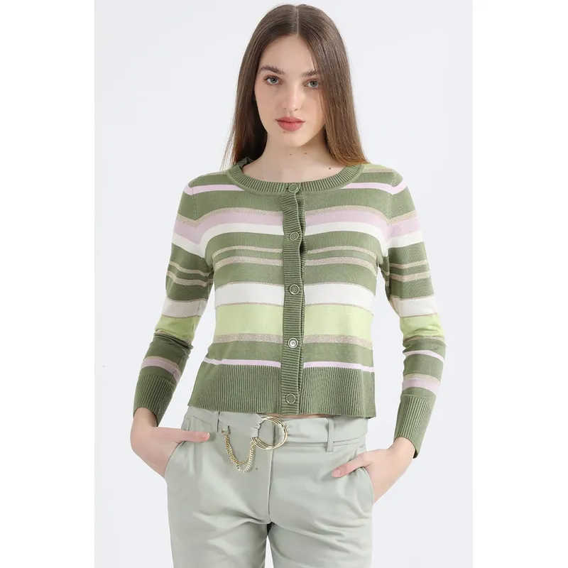 LIOLA - Cardigan Tejido Con Lurex, Rayas Fantasia, Verde Liola