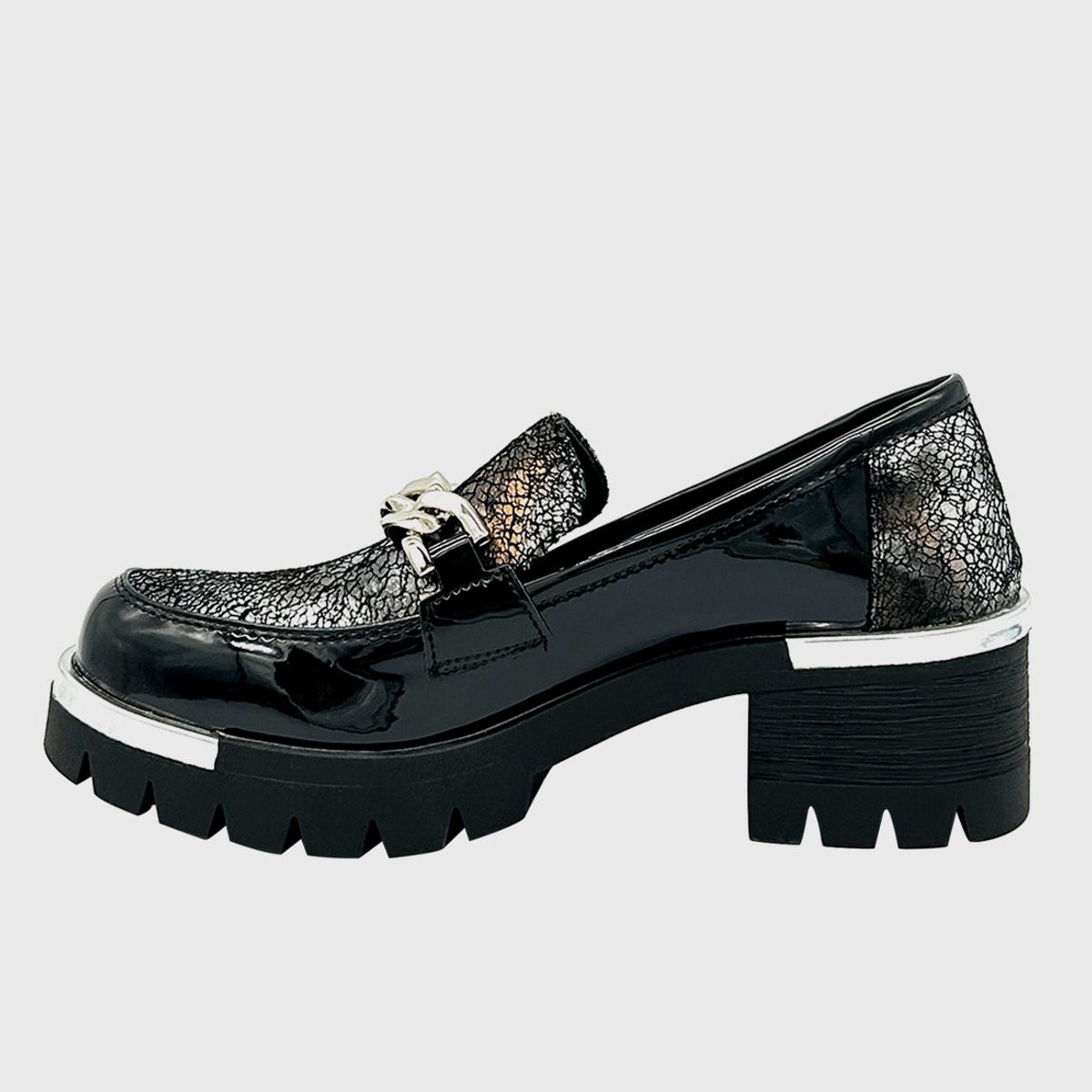 DINASTELLA - Mocasin para mujer con taco y cadena Negro