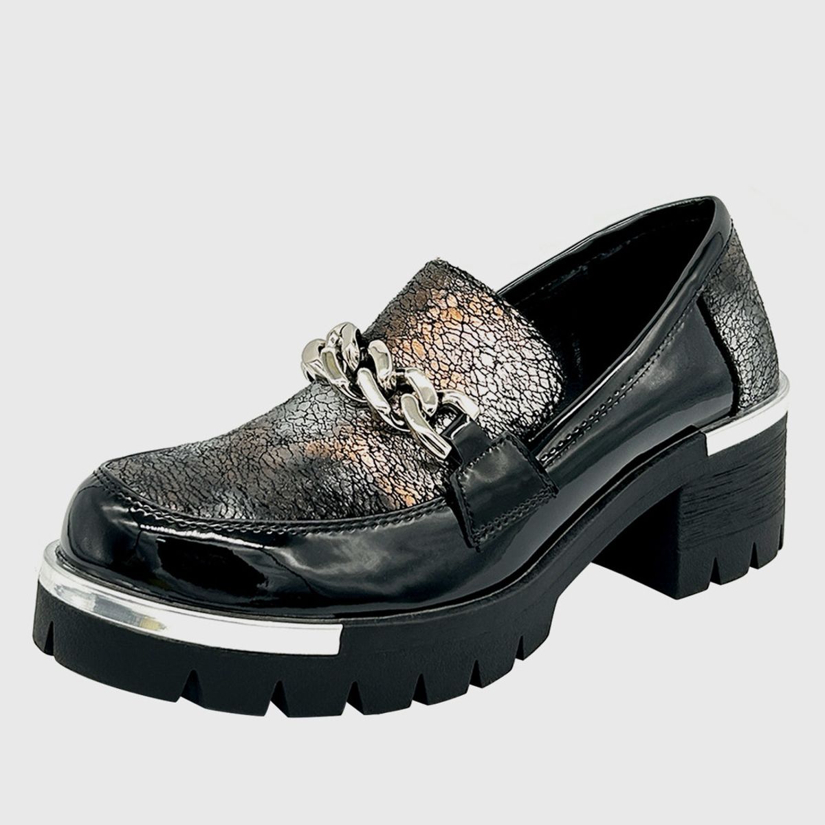 DINASTELLA - Mocasin para mujer con taco y cadena Negro
