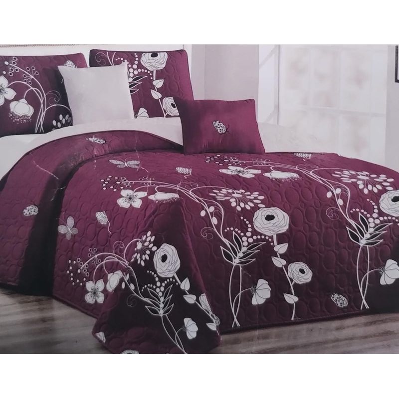 GENERICO - CUBRECAMA QUILT 1.5 PLAZAS 180X230 CON DISEÑO BURDEO ROSAS TF