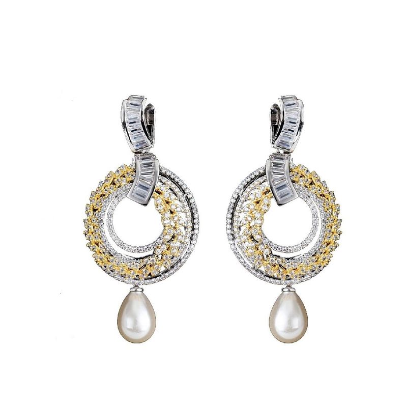 VANE COLLECTION - Aros mujer pegado fino colgante baño oro y rodio pavé perla