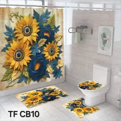 ANGELES DEL HOGAR - Set De Alfombras y Cortina de Baño 4 Piezas Trio de Girasoles Azul