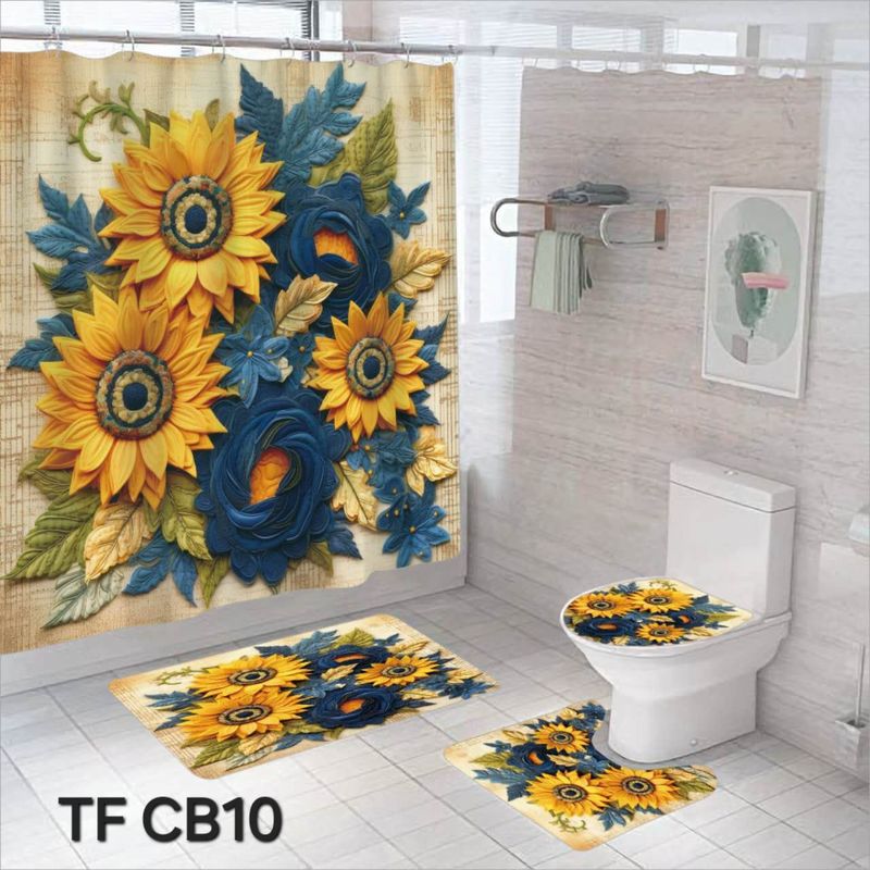 ANGELES DEL HOGAR - Set  De Alfombras y Cortina de Baño 4 Piezas  Trio de Girasoles Azul