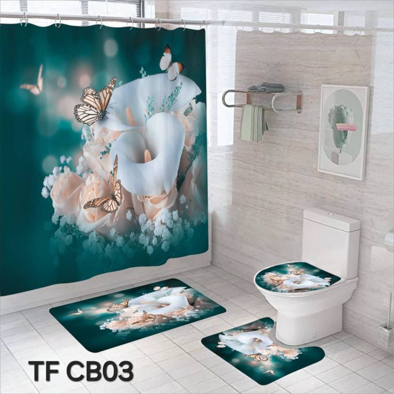 ANGELES DEL HOGAR - Set  De Alfombras y Cortina de Baño 4 Piezas  Flor Blanca