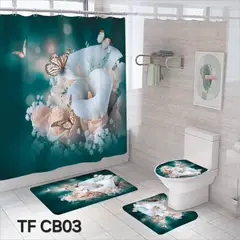 ANGELES DEL HOGAR - Set De Alfombras y Cortina de Baño 4 Piezas Flor Blanca