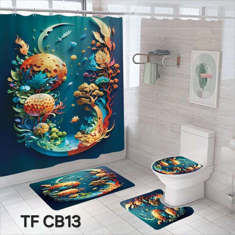 ANGELES DEL HOGAR - Set  De Alfombras y Cortina de Baño 4 Piezas  Fondo Marino