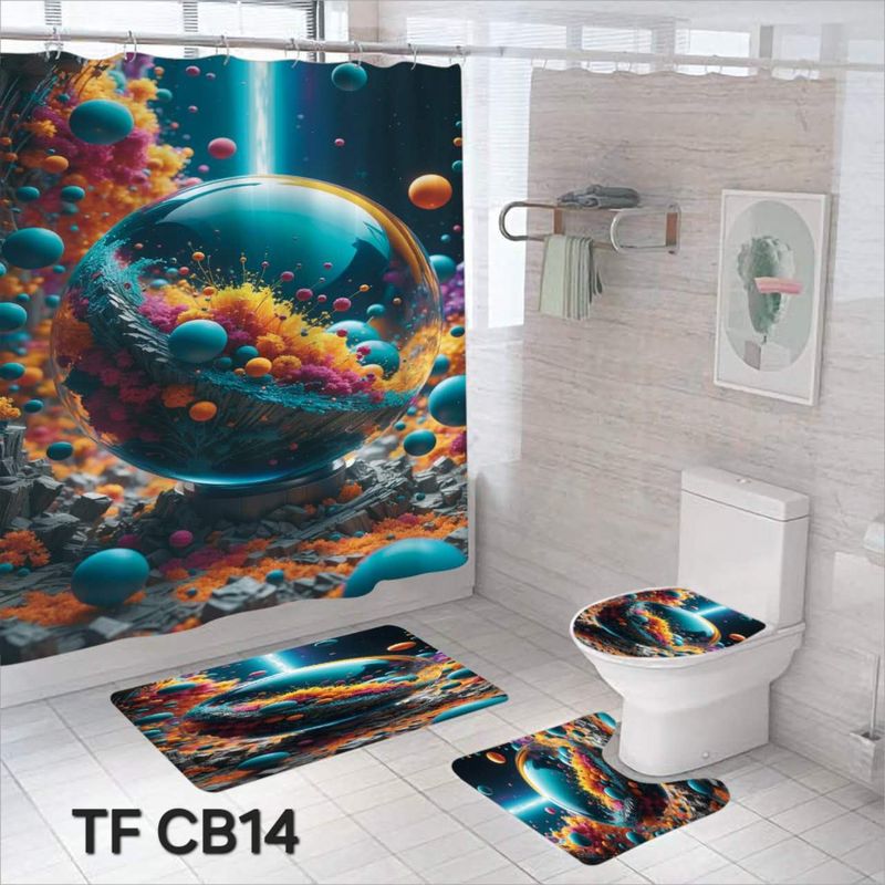 ANGELES DEL HOGAR - Set  De Alfombras y Cortina de Baño 4 Piezas  Planeta Azul