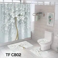 ANGELES DEL HOGAR - Set De Alfombras y Cortina de Baño 4 Piezas Arbol Flores Blancas
