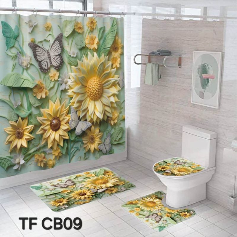 ANGELES DEL HOGAR - Set  De Alfombras y Cortina de Baño 4 Piezas  Trio de Girasoles