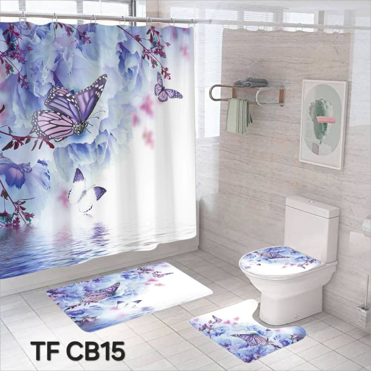 ANGELES DEL HOGAR - Set  De Alfombras y Cortina de Baño 4 Piezas  Mariposa Lila