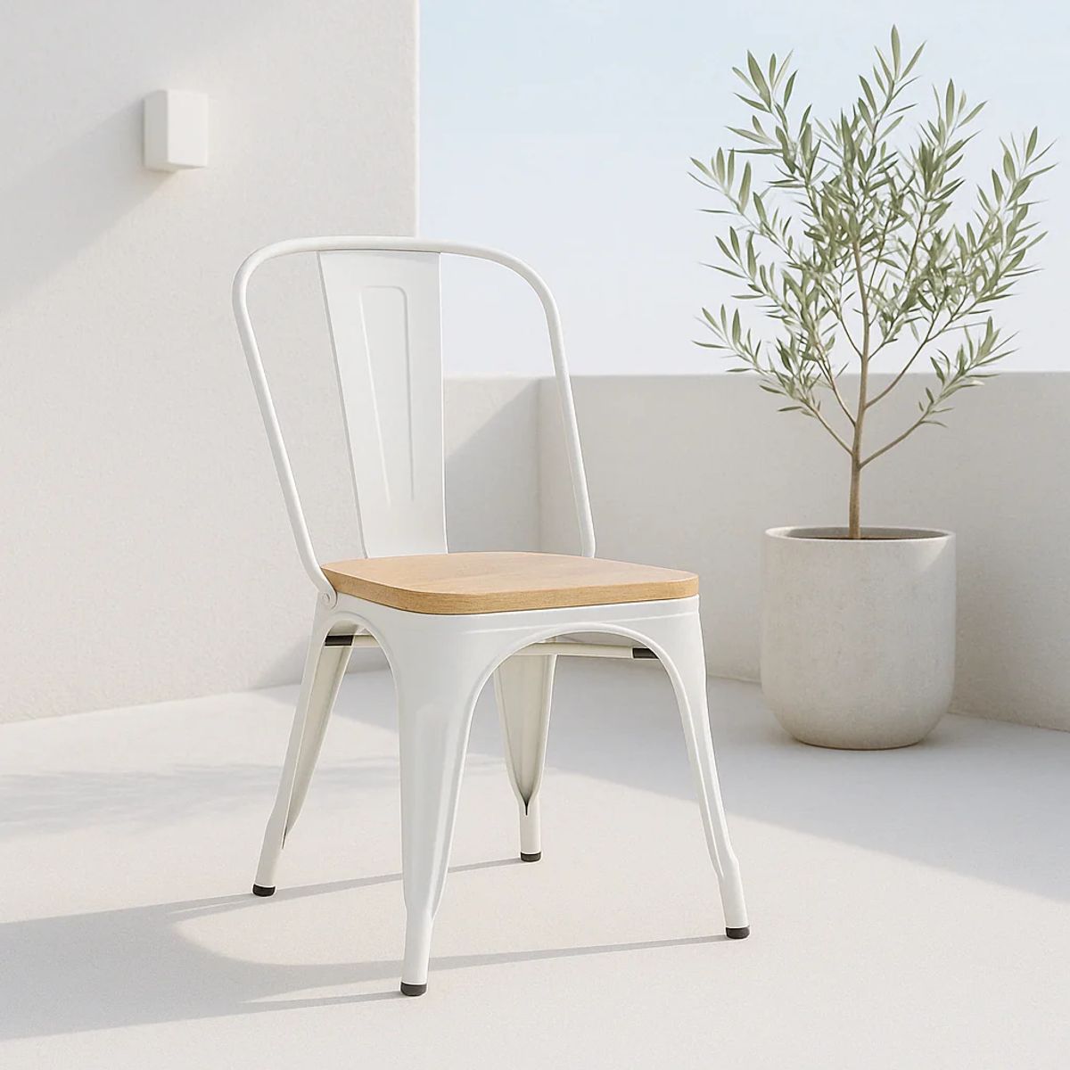 KLIK - Silla Tolix con asiento de madera clara - Blanca KLIK