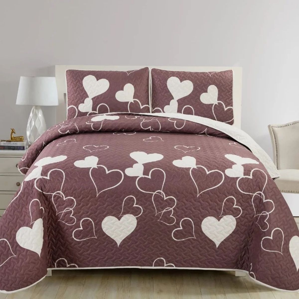 GENERICO - CUBRECAMA QUILT 2 PLAZAS 230X250 CON DISEÑO CORAZONES BLANCOS TF