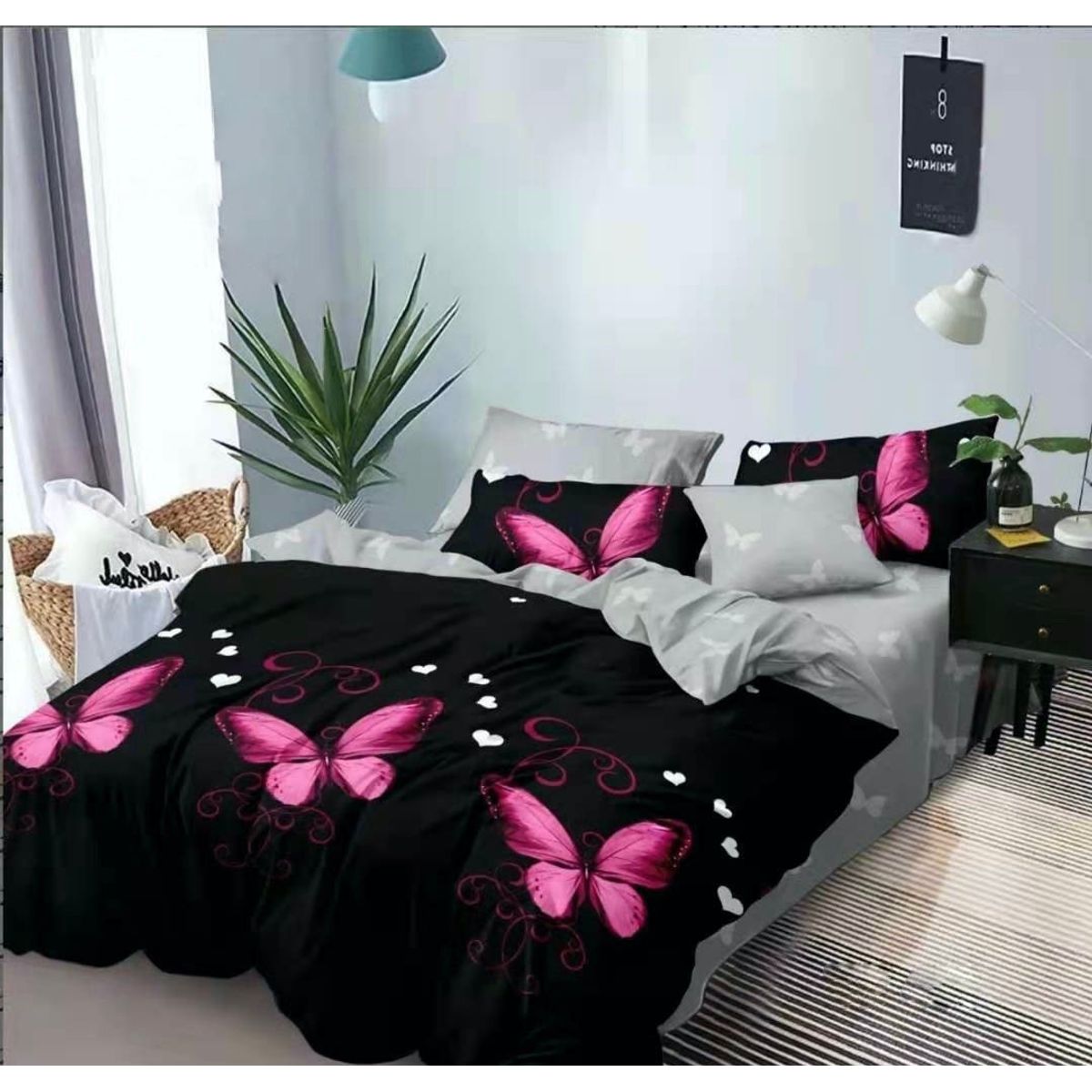 GENERICO - CUBRECAMA QUILT 2 PLAZAS 230X250 CON DISEÑO NEGRO MARIPOSAS TF