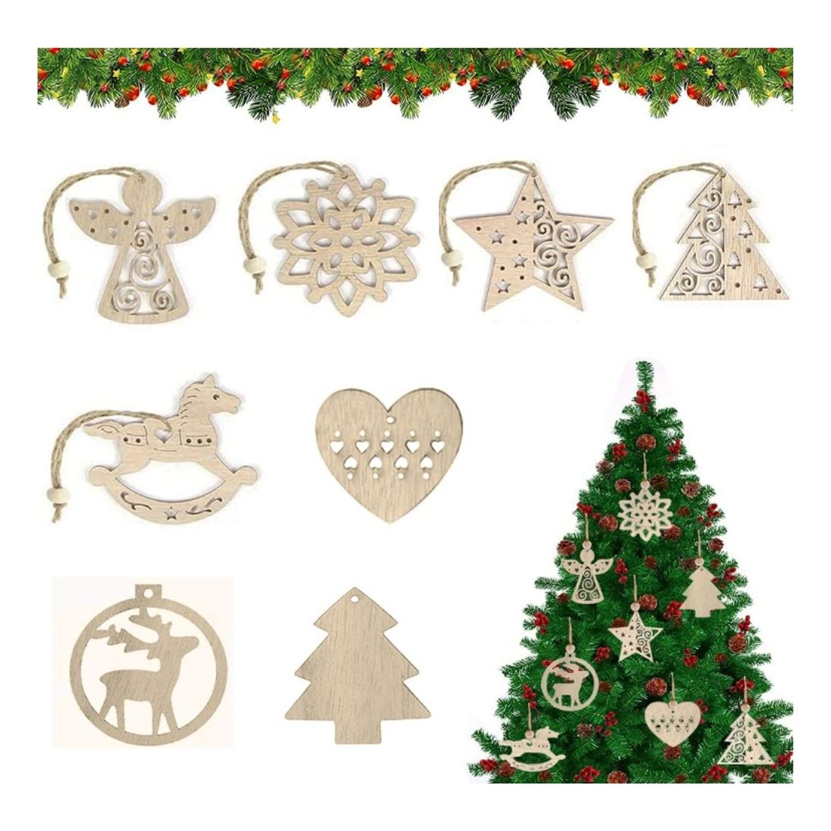 ATURE - Adornos De Navidad - Set 8 Colgantes De Madera Navideños