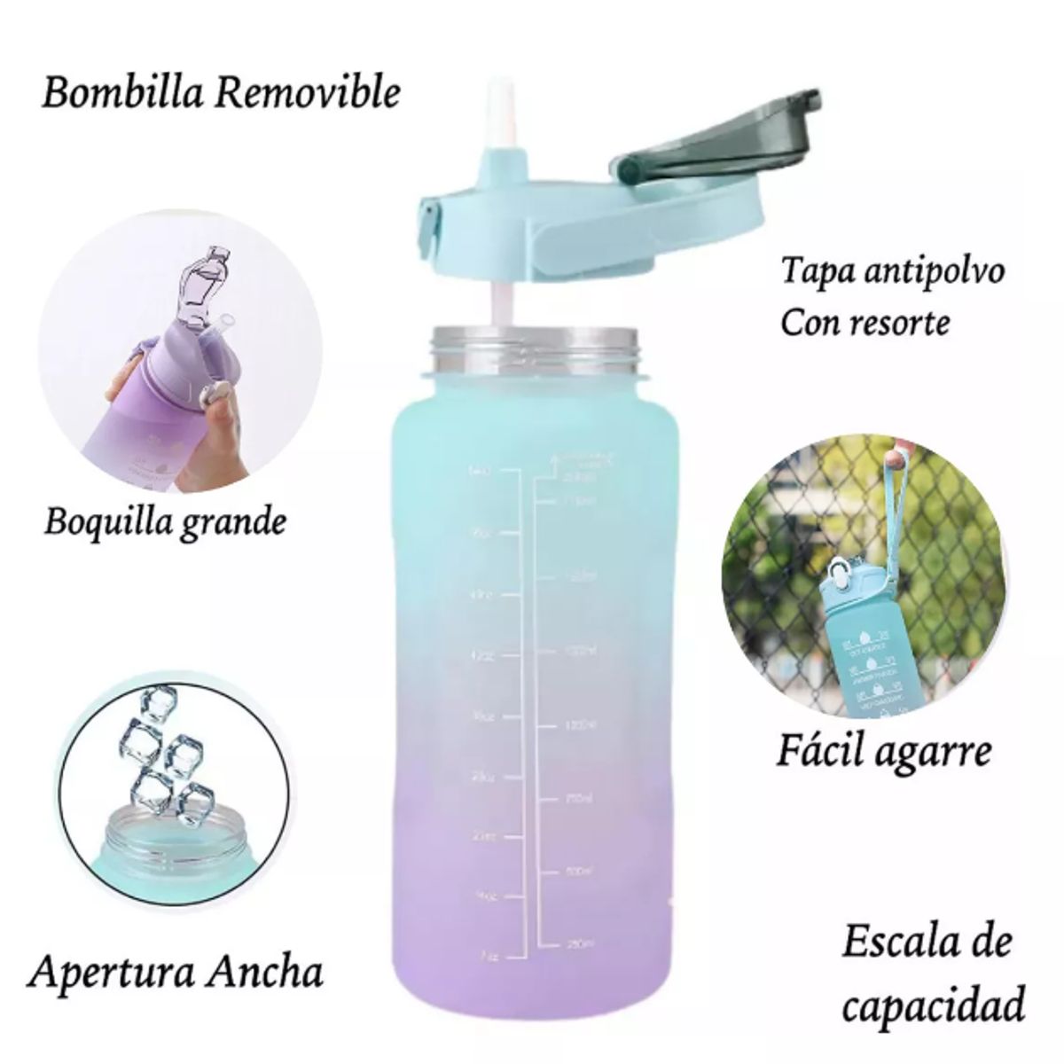 GENERICO - Botella De Agua Deporte Motivacional 1000 Ml Con Bombilla.