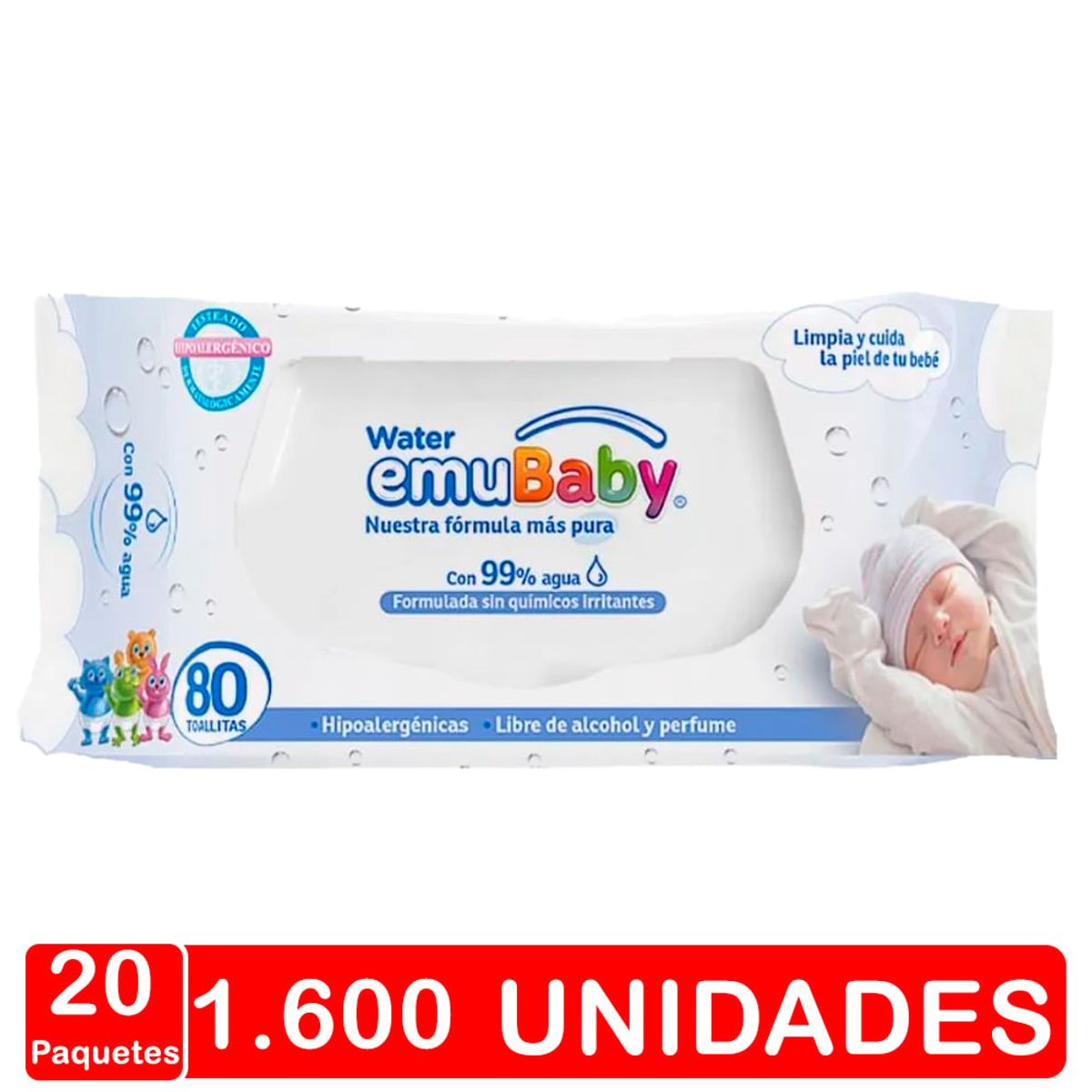 EMUBABY - Caja - Toallas Emubaby Water - 20 Paquetes 80 Uds. Cu.
