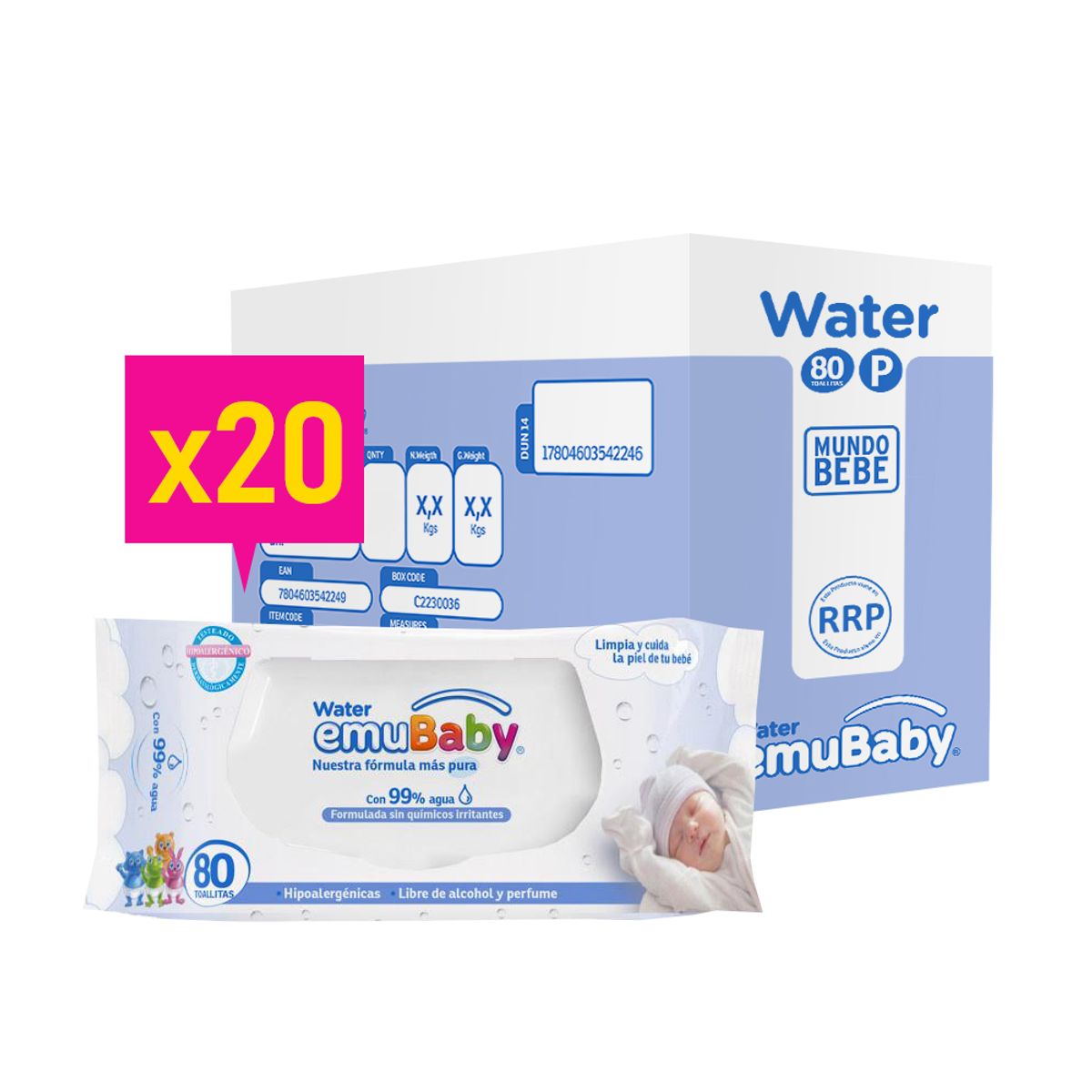 EMUBABY - Caja - Toallas Emubaby Water - 20 Paquetes 80 Uds. Cu.