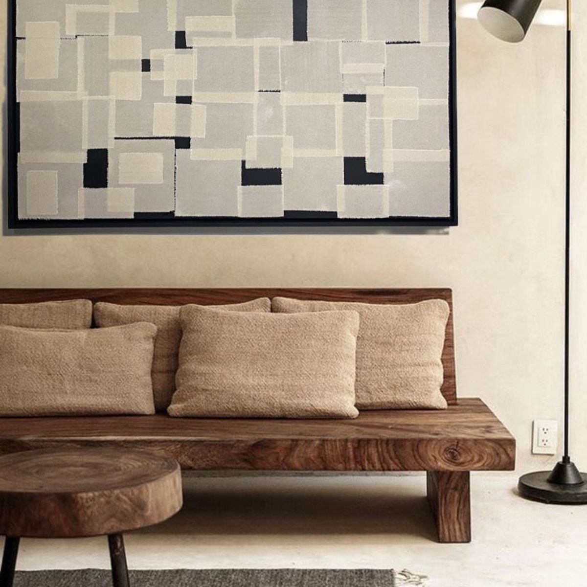 GENERICO - Cuadro Collage Textil Abstracto Geométrico Beige Negro Texturizado 100x120