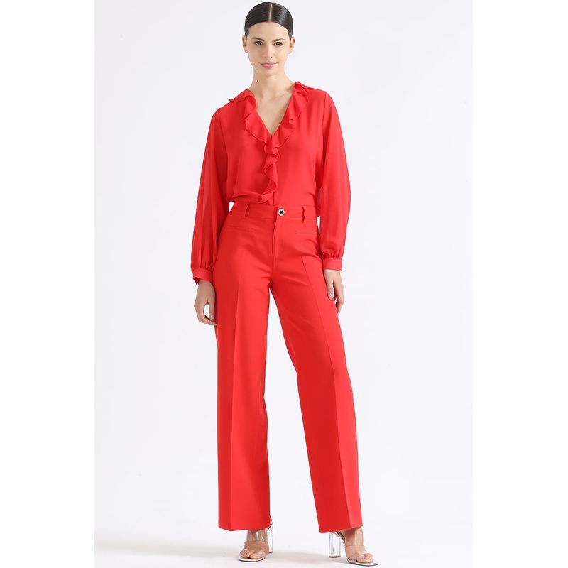 LIOLA - Pantalon Ancho, Tiro Medio, Boton Joya, Rojo Liola