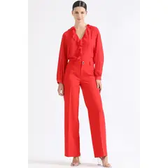 LIOLA - Pantalon Ancho, Tiro Medio, Boton Joya, Rojo