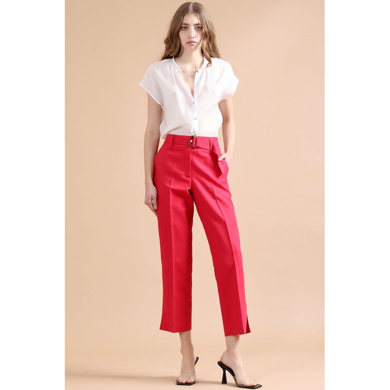LIOLA - Pantalon Sastre Con Cinturon, Lino Algodón, Guinda Liola