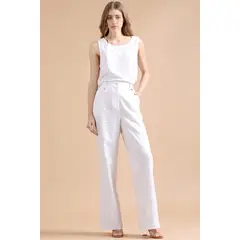 LIOLA - Pantalon Ancho Con Lino, Tiro Alto, Crudo