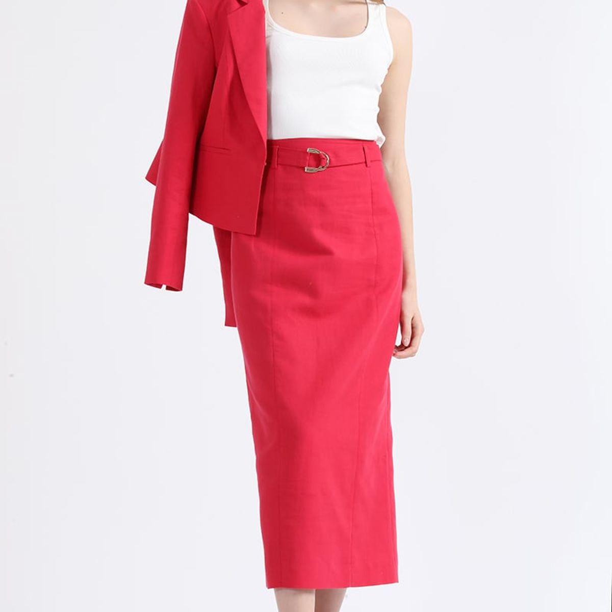 LIOLA - Falda Midi Con Cinturon, Lino Algodon, Guinda Liola