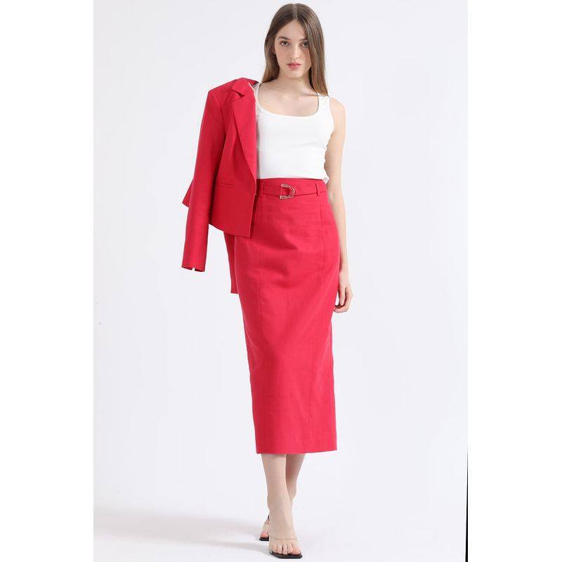 LIOLA - Falda Midi Con Cinturon, Lino Algodon, Guinda Liola