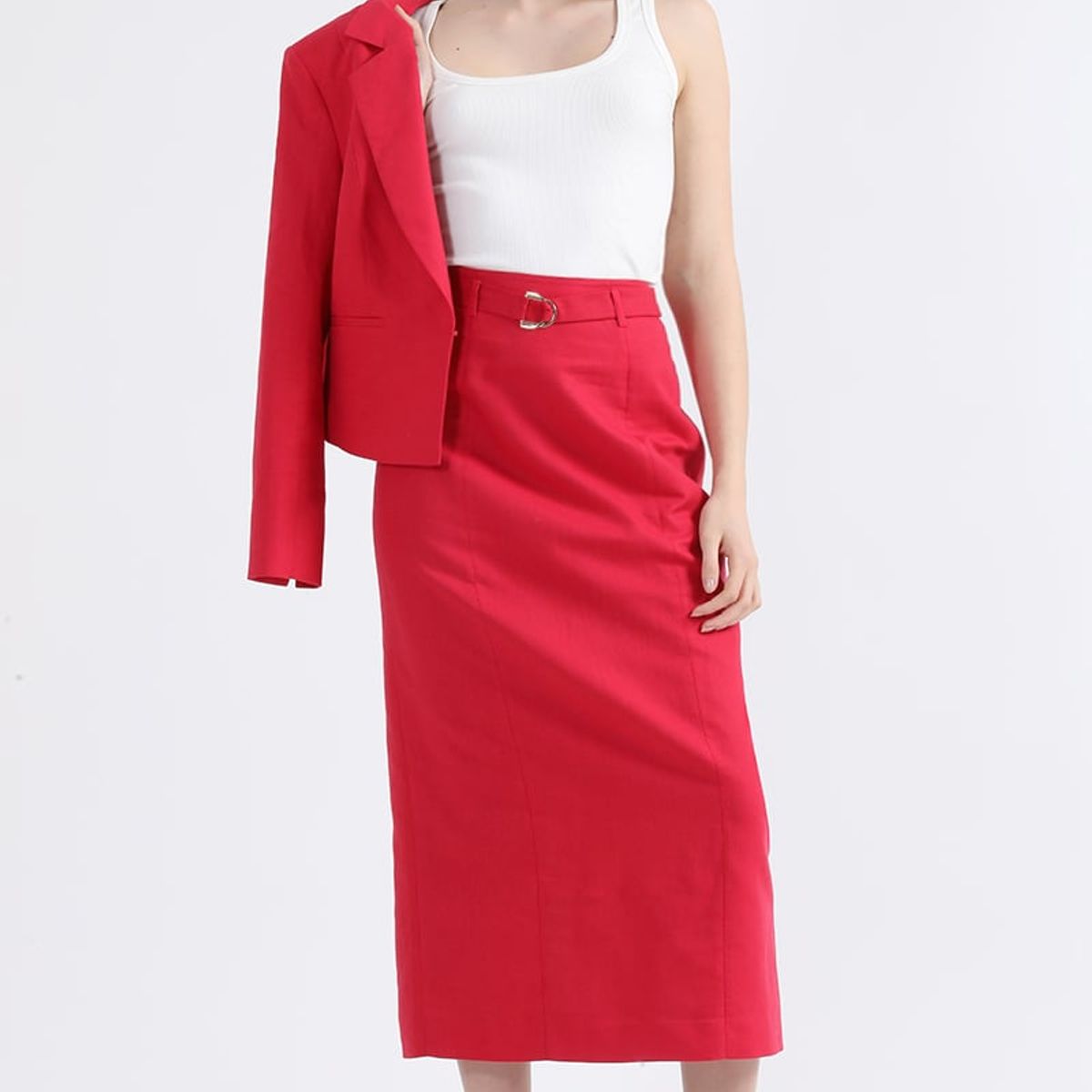 LIOLA - Falda Midi Con Cinturon, Lino Algodon, Guinda Liola