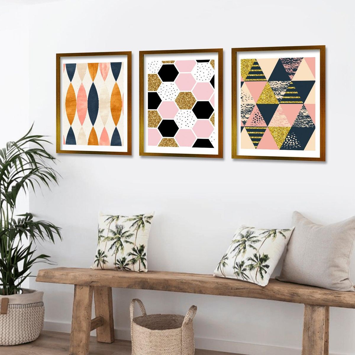 RETELA - Cuadro Trio Dorado Ilustración Geométrica - Dorado - 50x35 cm